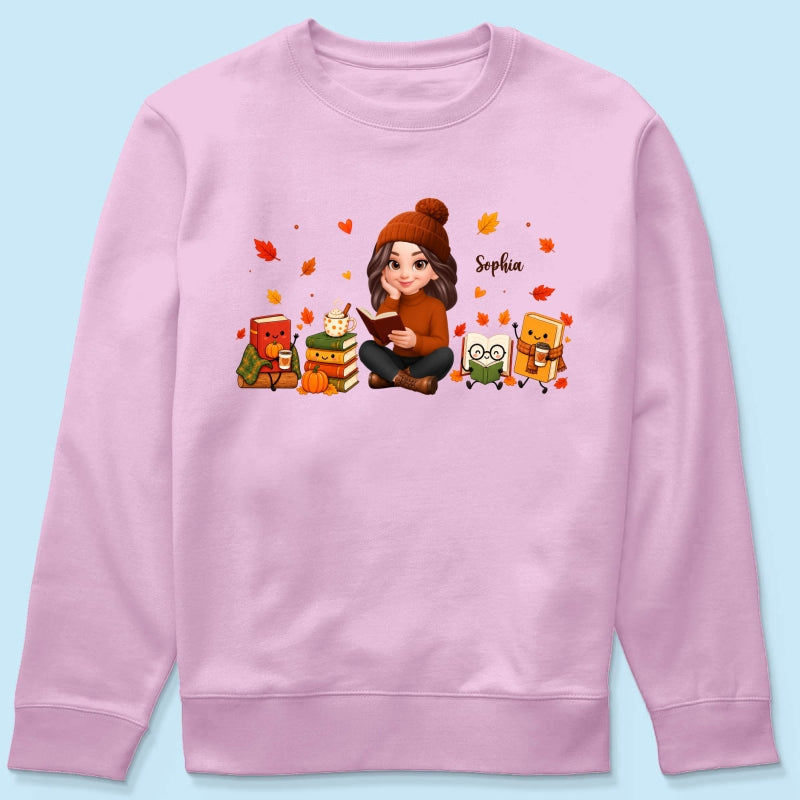 Cozy Fall Vibe Just A Woman Who Loves Books Cute Doodle Kawaii Style - Personalized Shirt - Fall Gift For Book Lovers