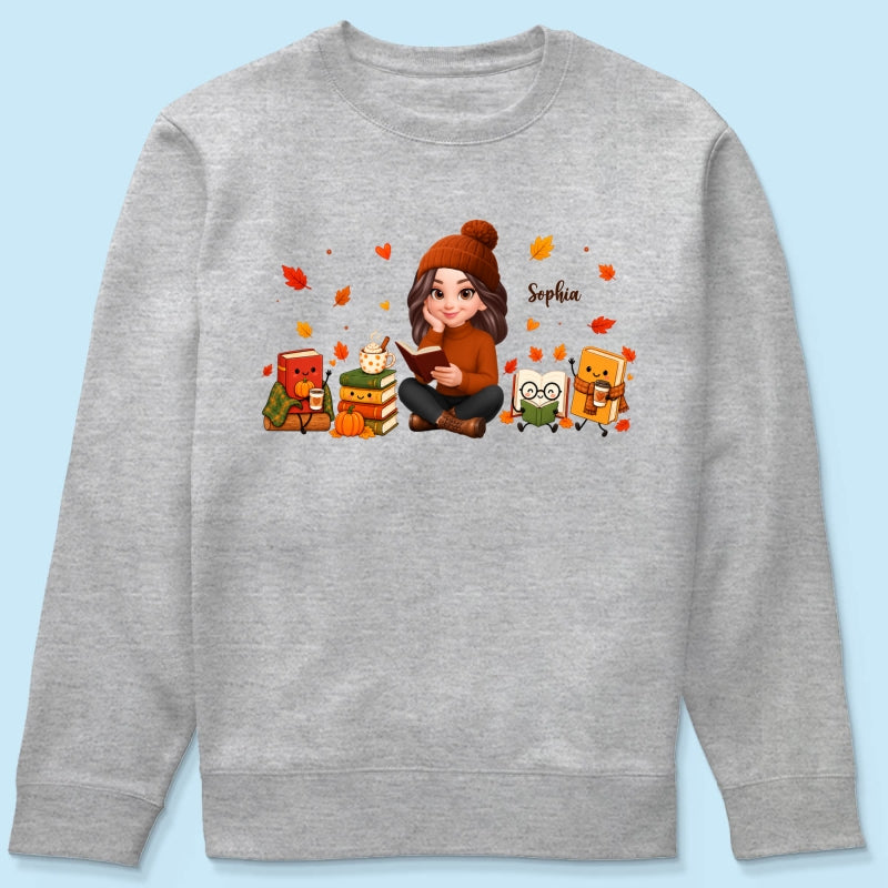 Cozy Fall Vibe Just A Woman Who Loves Books Cute Doodle Kawaii Style - Personalized Shirt - Fall Gift For Book Lovers