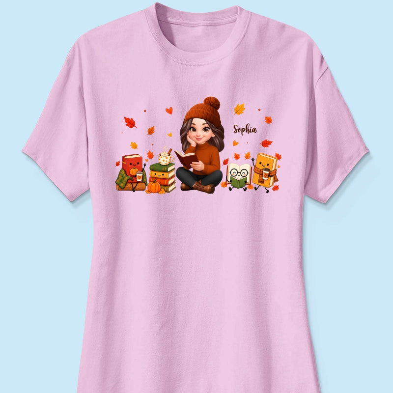 Cozy Fall Vibe Just A Woman Who Loves Books Cute Doodle Kawaii Style - Personalized Shirt - Fall Gift For Book Lovers