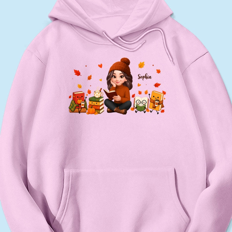 Cozy Fall Vibe Just A Woman Who Loves Books Cute Doodle Kawaii Style - Personalized Shirt - Fall Gift For Book Lovers
