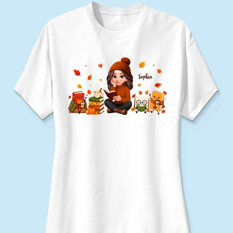 Cozy Fall Vibe Just A Woman Who Loves Books Cute Doodle Kawaii Style - Personalized Shirt - Fall Gift For Book Lovers