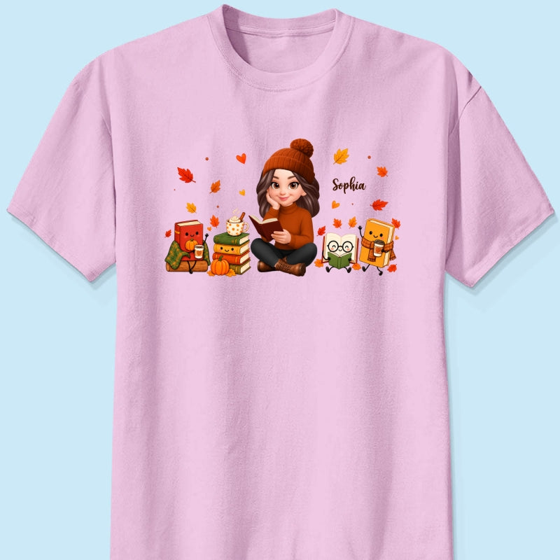 Cozy Fall Vibe Just A Woman Who Loves Books Cute Doodle Kawaii Style - Personalized Shirt - Fall Gift For Book Lovers