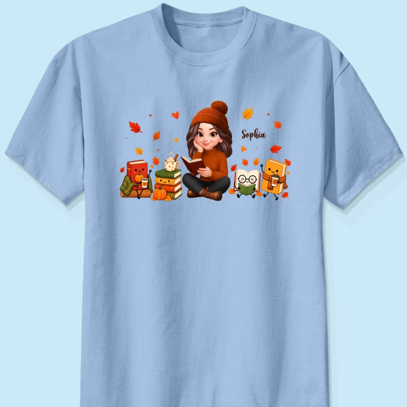 Cozy Fall Vibe Just A Woman Who Loves Books Cute Doodle Kawaii Style - Personalized Shirt - Fall Gift For Book Lovers
