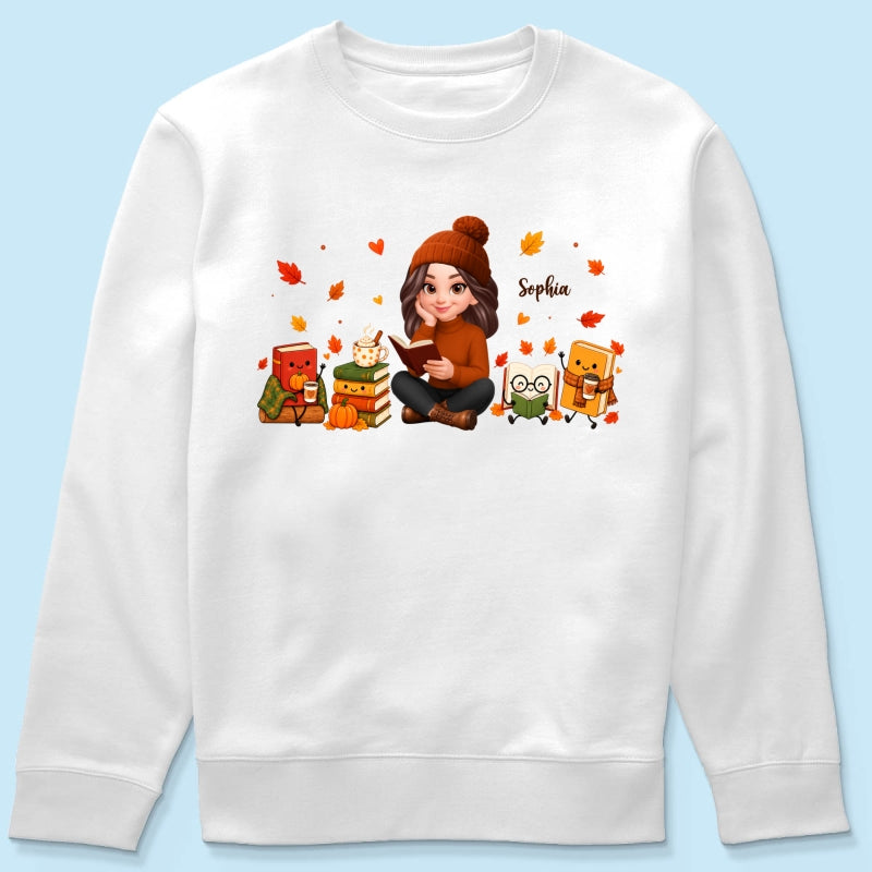 Cozy Fall Vibe Just A Woman Who Loves Books Cute Doodle Kawaii Style - Personalized Shirt - Fall Gift For Book Lovers