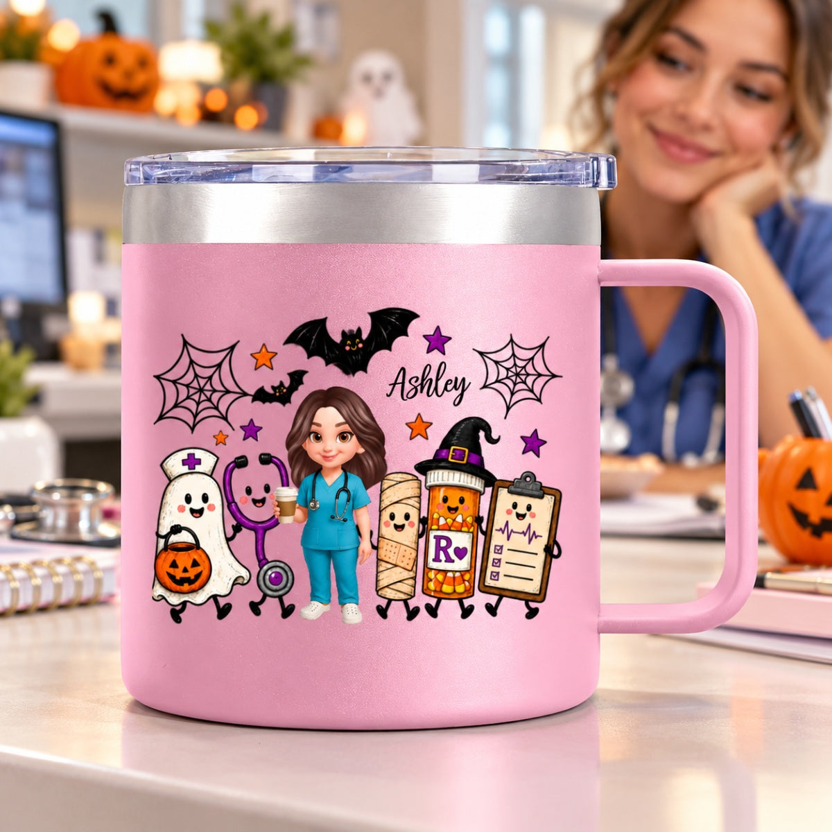 Halloween Cute Nurse Things - Personalized Stainless Steel Tumbler With Handle - Halloween Tumbler For Nurse