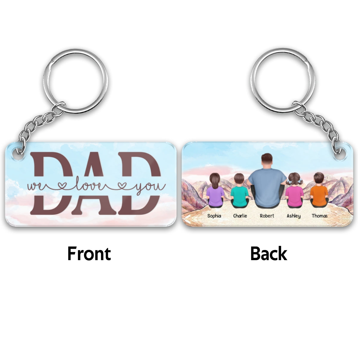 Dad And Kids Sitting Back View On The Cliff Personalized Acrylic Keychain