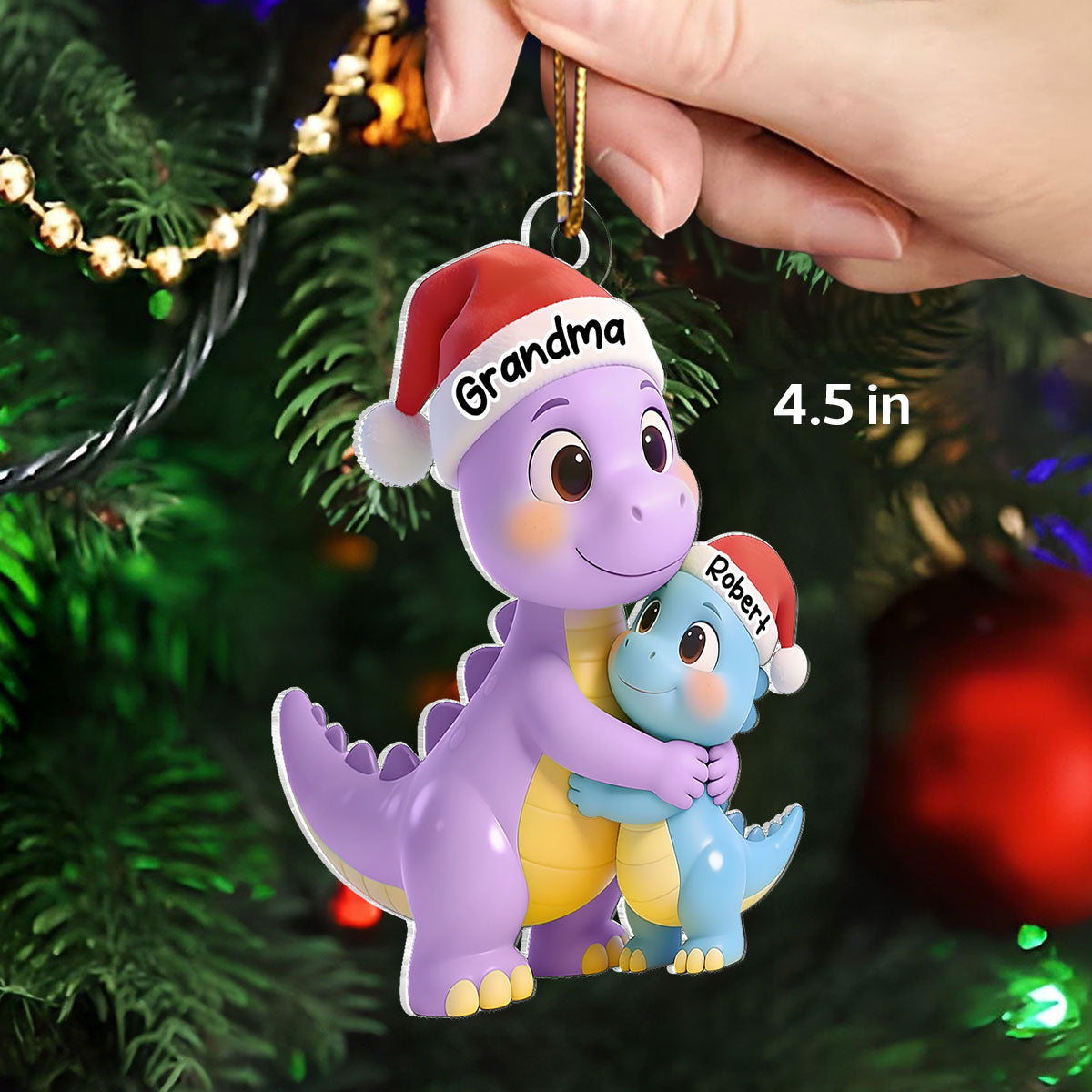 3D Effect Heartwarming Happy Grandmasaurus With Dinosaur Grandkid - Personalized Acrylic Car Hanger - Gift For Grandkids