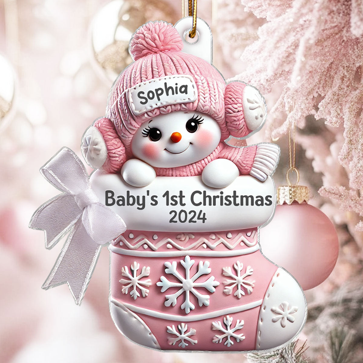 3D Effect Snowbaby On Stocking Baby's 1st Christmas Keepsake Personalized Acrylic Flat Ornament