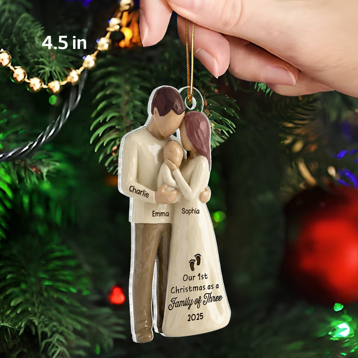 3D Effect First Christmas As Family Of Three Mom Dad & Baby - Personalized Car Hanger