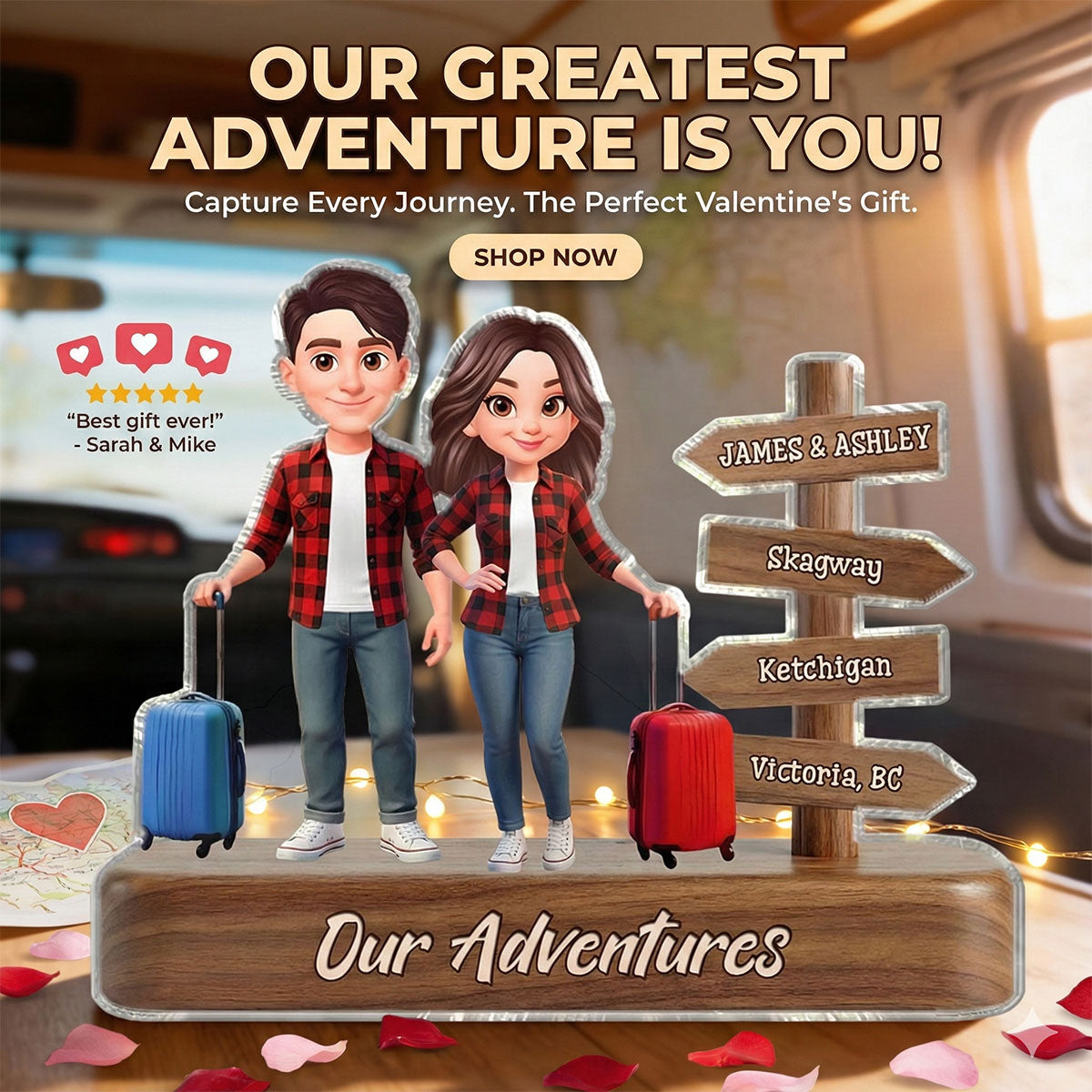 Couple Travel Adventure Traveling Destination 2D Flat - Personalized Acrylic Block Plaque - Gift for Travelers
