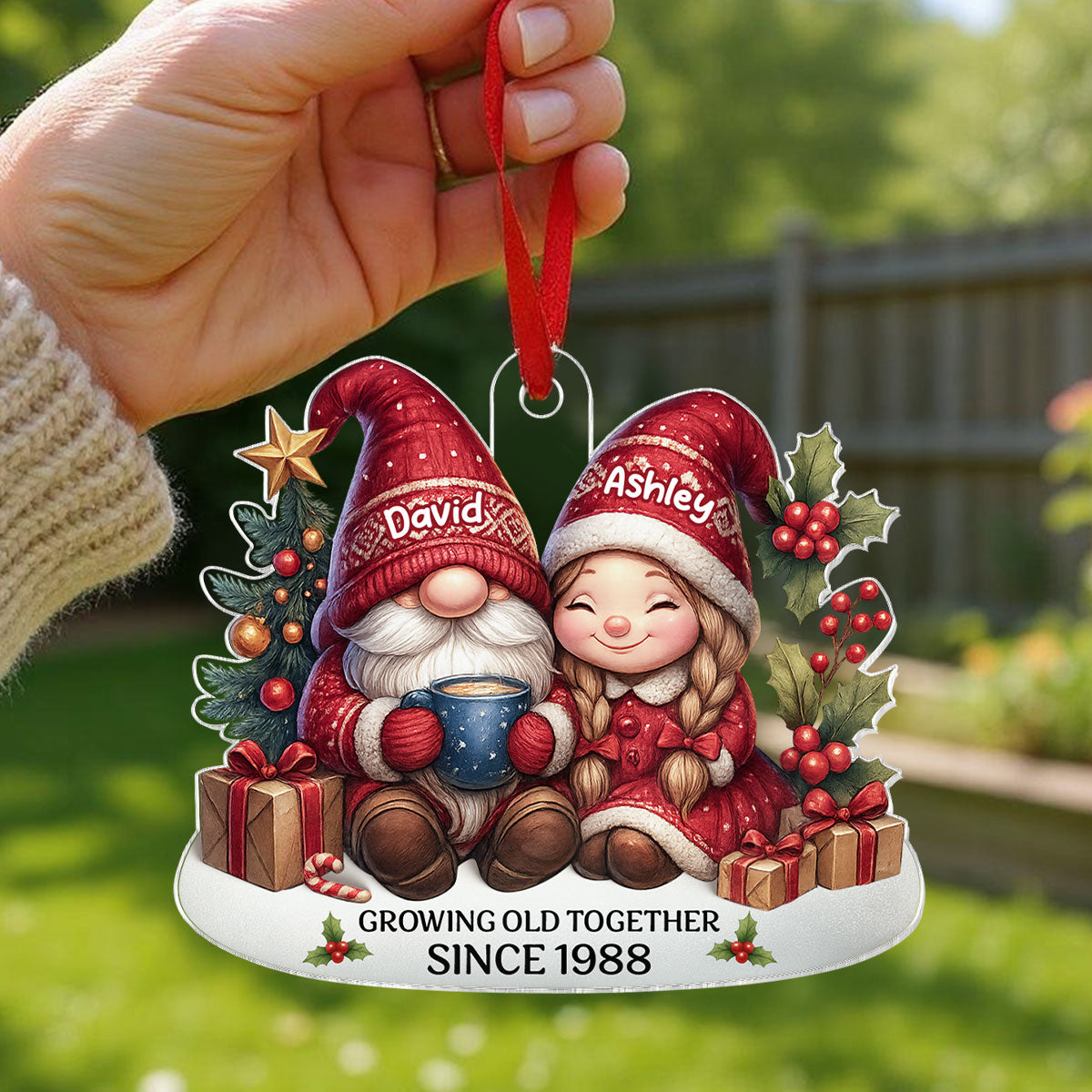 Gnome Couple Growing Old Together Personalized Acrylic Ornament, 3D Effect Ornament for Couples