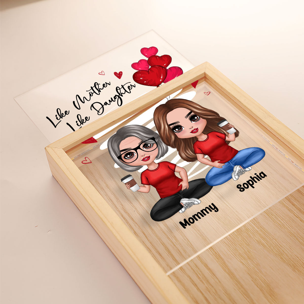 Red Hearts Like Mother Like Daughters Doll Mom And Daughters Sitting Personalized Wooden Frame Light Box