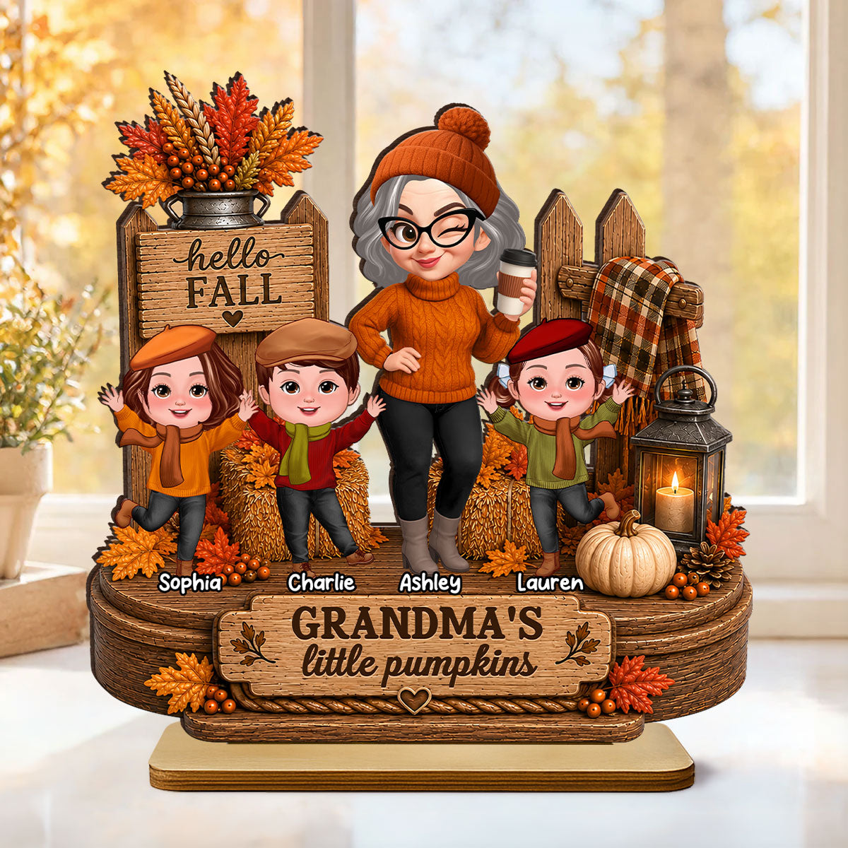 Hello Fall Grandma's Little Pumpkins - Personalized 2-Layered Wooden Plaque - Cozy Fall Decor for Grandma