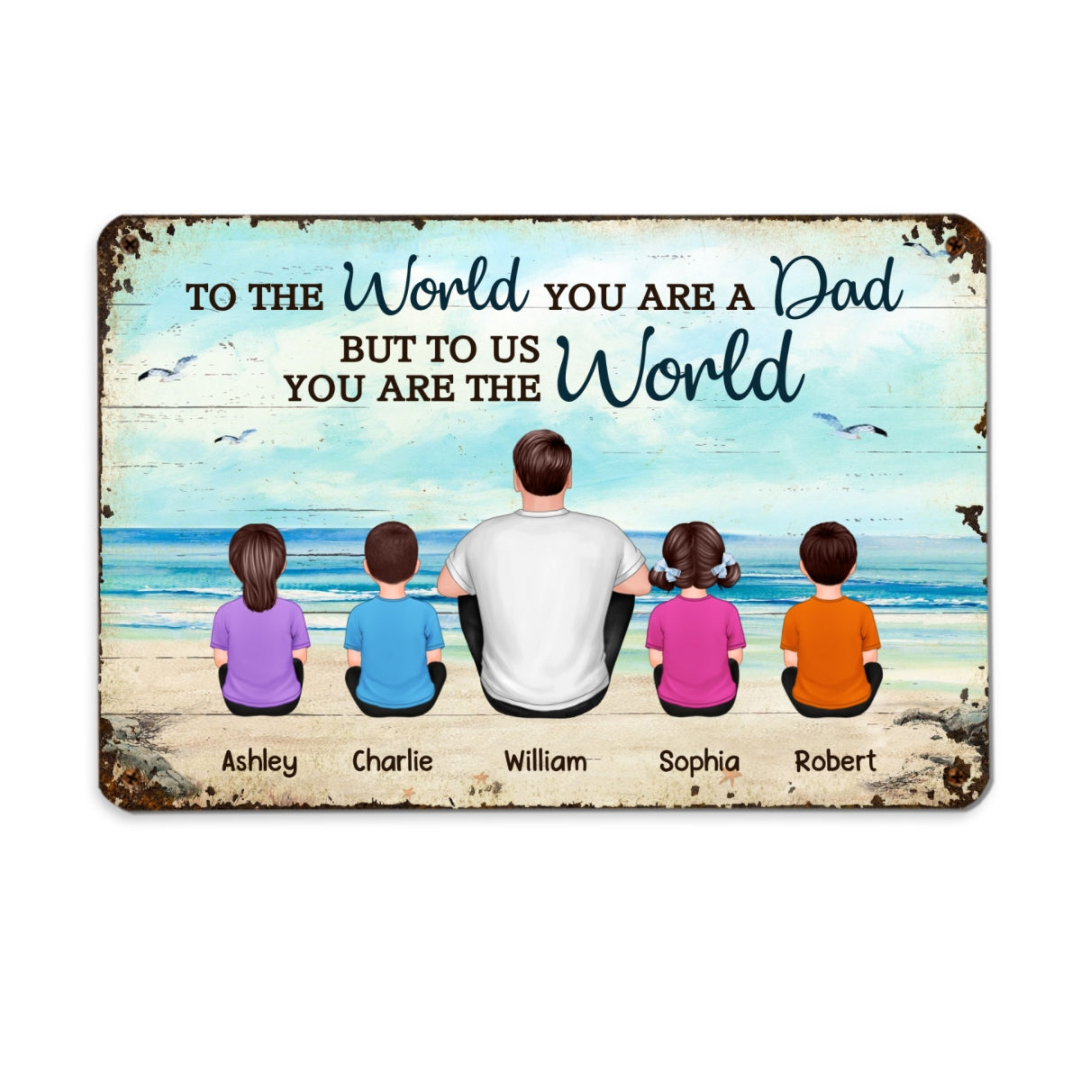 Beach Landscape Dad Grandpa We Love You Back View Dad And Kids Dogs Cats Sitting Personalized Metal Sign