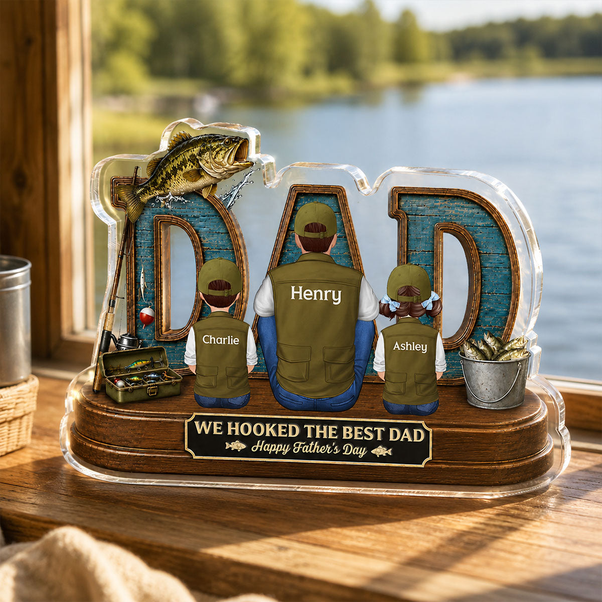 Fishing Dad And Kids We Hooked The Best Dad - Personalized Acrylic Block Plaque - Father's Day Gift For Dad, Husband