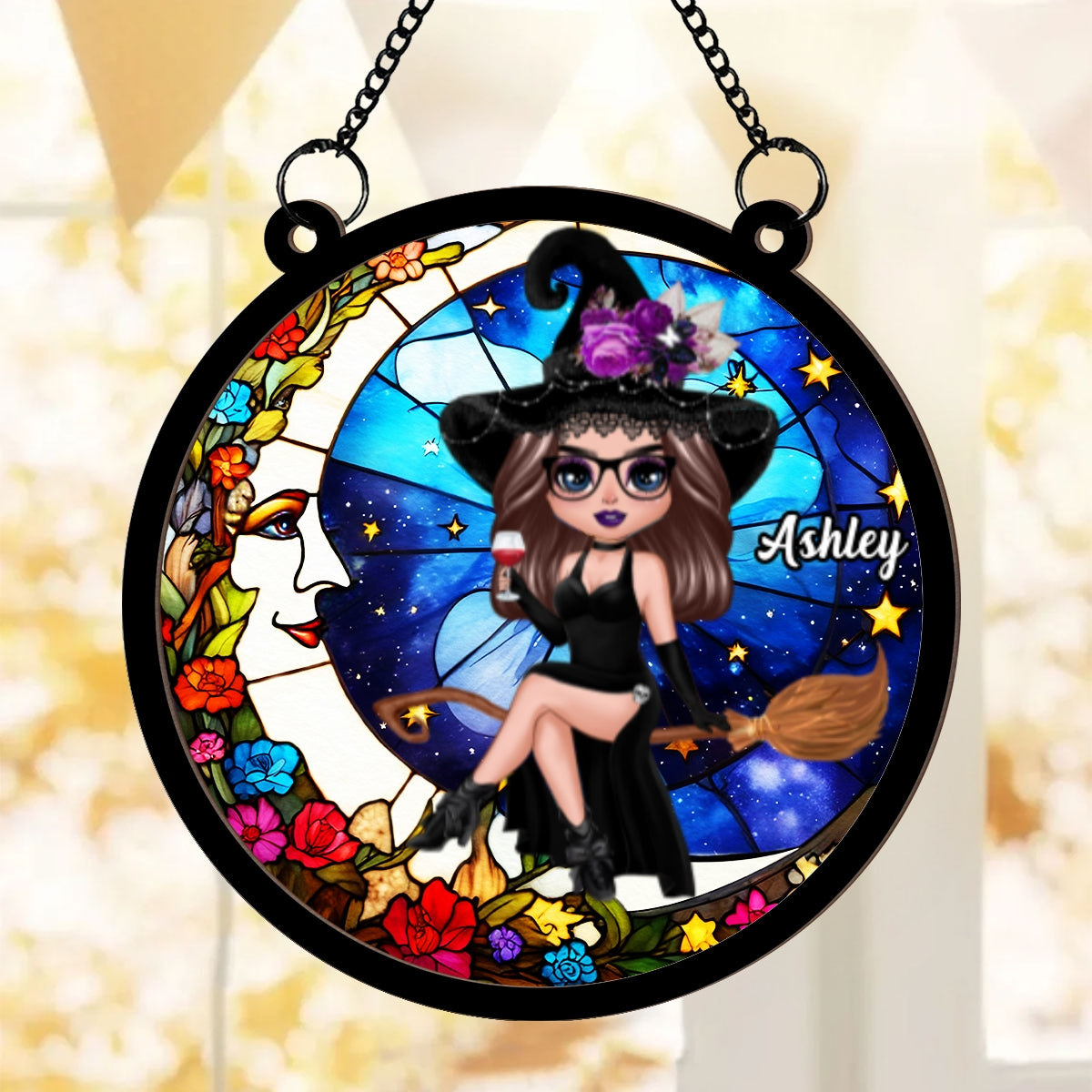 Witch And Moon Personalized Suncatcher, Window Hangings, Halloween Decor, Gift For Witch Lovers