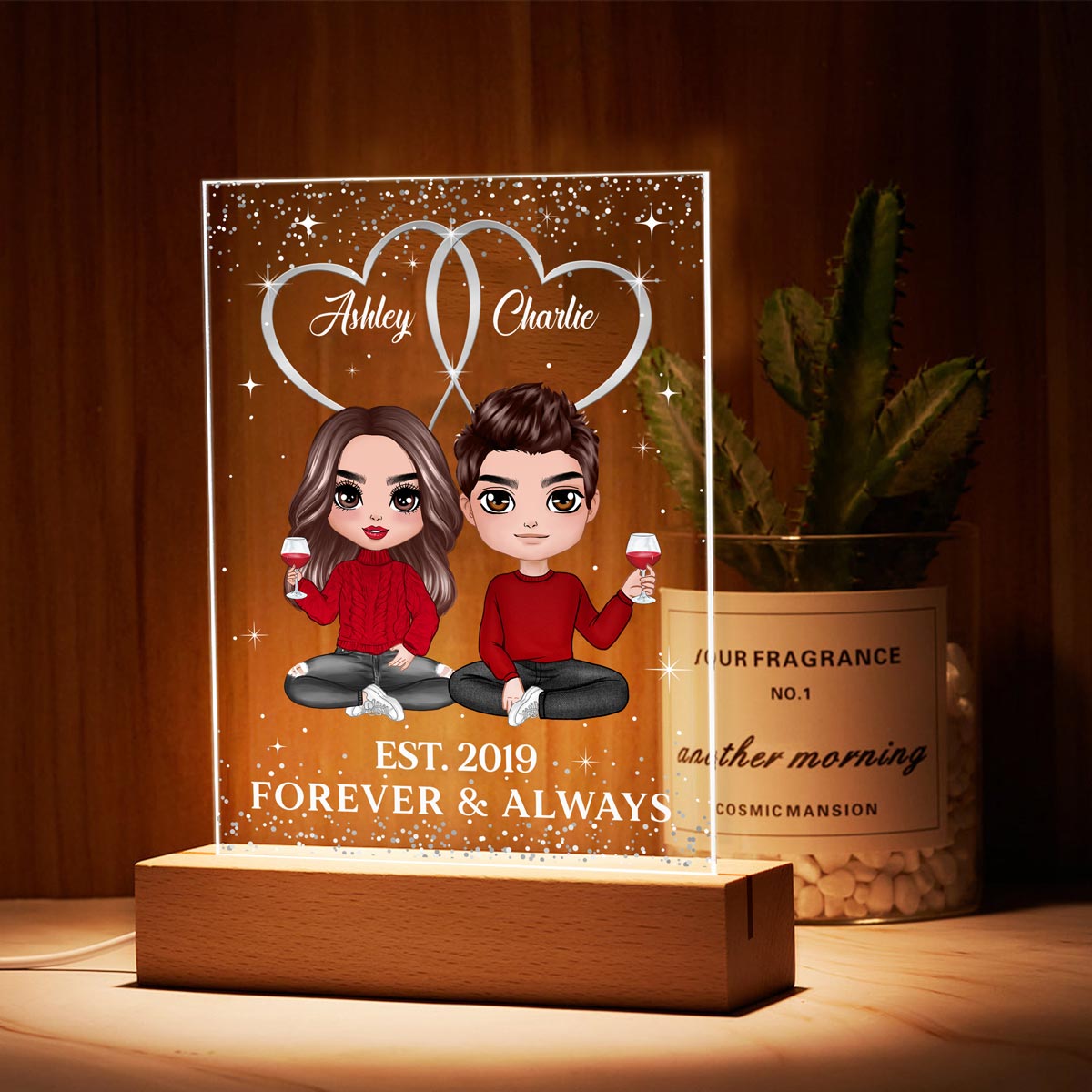 Double Hearts Doll Couple Sitting Personalized Rectangle Acrylic Plaque LED Lamp Night Light