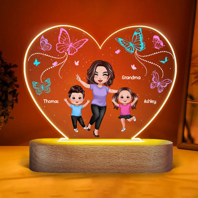 Butterflies Happy Doll Grandma Mom And Kids Personalized Heart Acrylic Plaque Warm LED Night Light