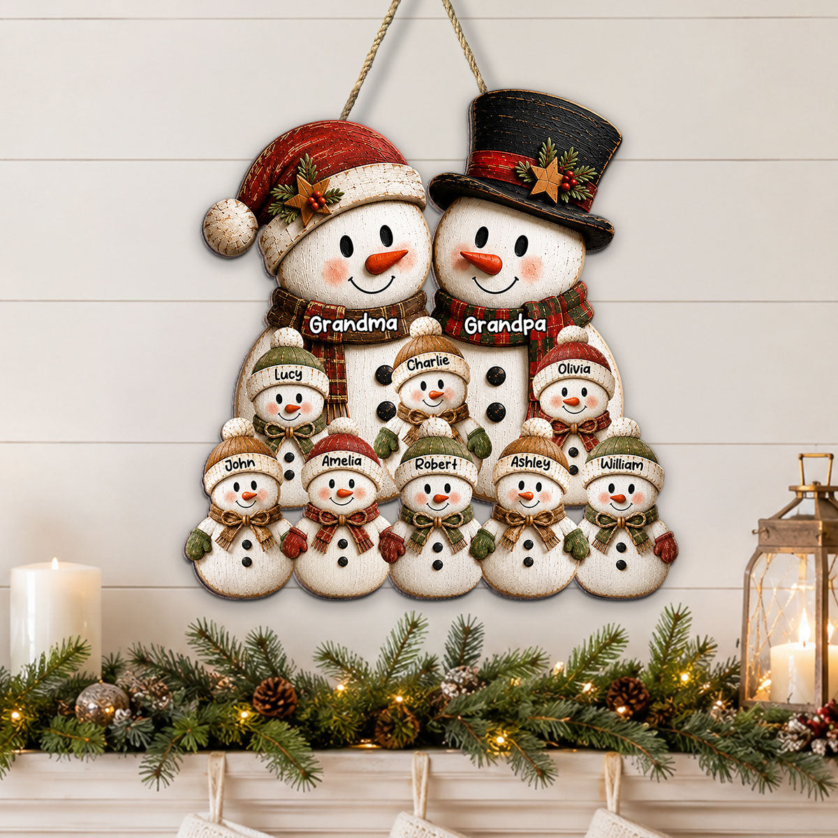 Rustic Grandpa Grandma Grandkids Snowman - Personalized Wood Sign - Christmas Decoration For Grandparents
