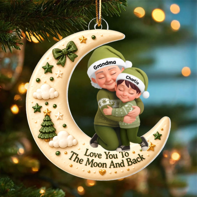 Grandma Hugging Grandkid Love to the Moon and Back - Personalized Acrylic Ornament - Christmas Gift for Grandma, Grandkids