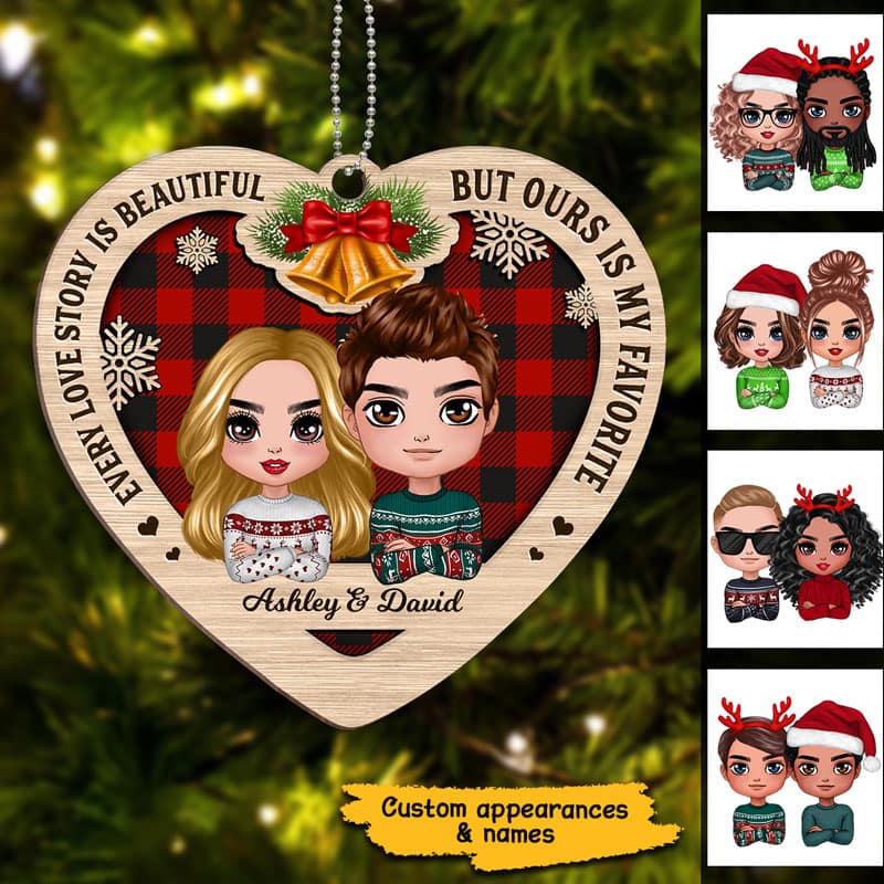 Checkered Pattern Heart Shape Doll Couple Personalized Wooden Ornament