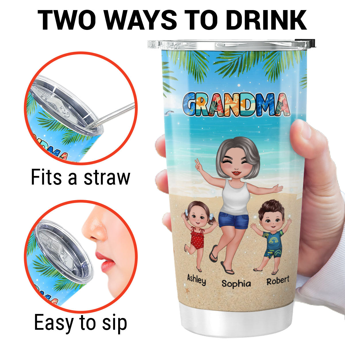Grandma Mom Summer Pattern Happy Doll Woman And Kids Personalized Tumbler