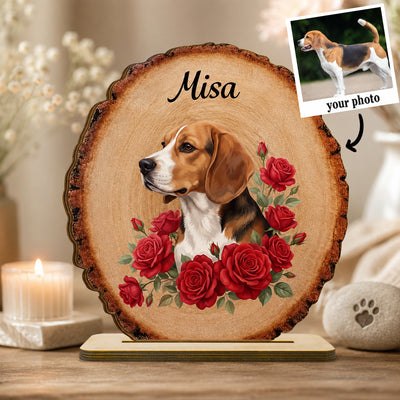 Custom Pet Portrait And Flowers - Personalized 2-Layered Wooden Plaque - Memorial Gift For Pet Lovers