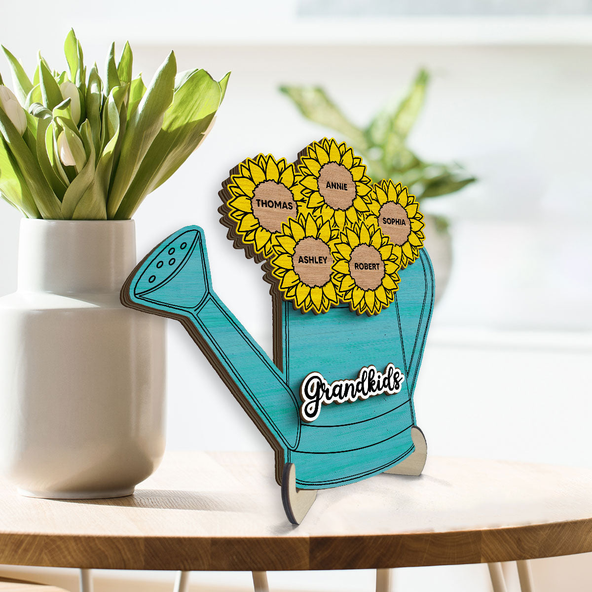 Grandkids Flowers Watering Can Personalized 2-layer Wooden Plaque