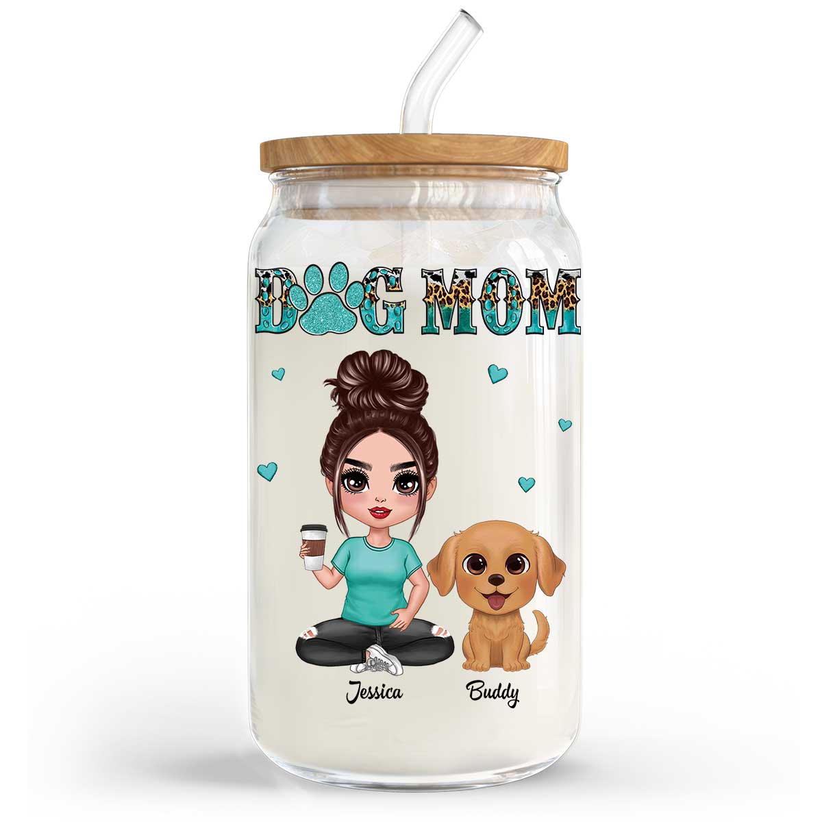 Watercolor Cute Dogs Teal And Leopard Dog Mom Personalized Clear Glass Can