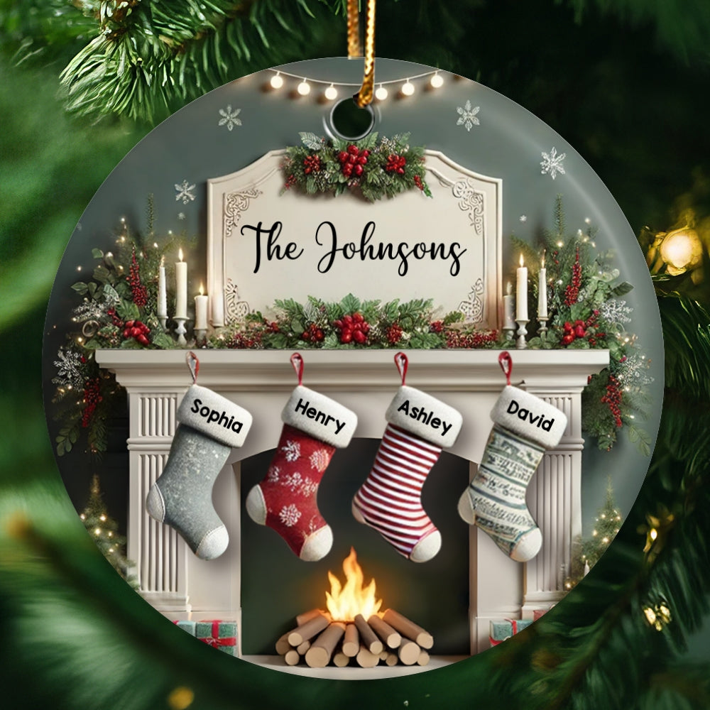 Family Christmas Fireplace With Stockings Personalized Ceramic Ornament