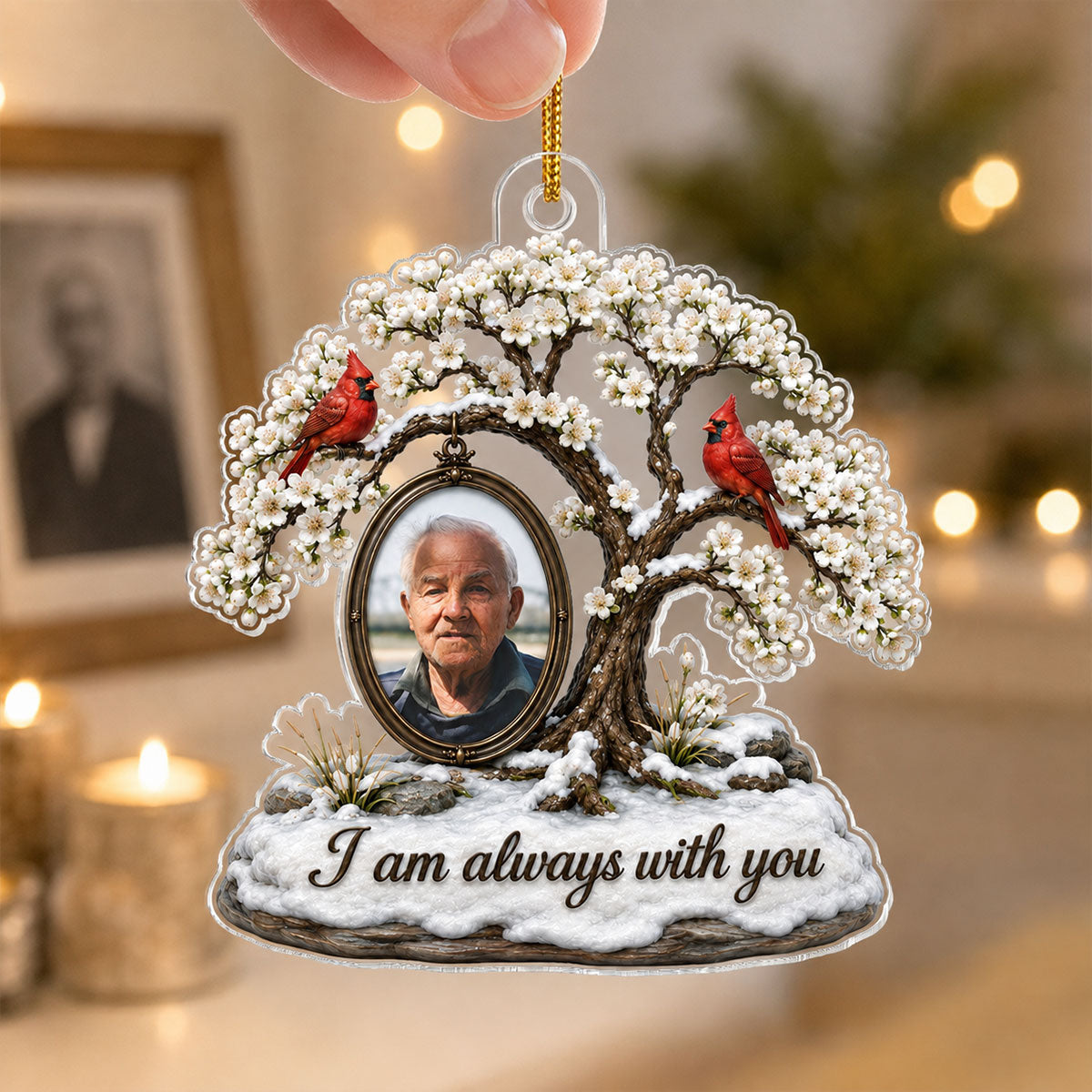 Cardinal Blossom Tree Custom Photo of Lost Loved One - Personalized Acrylic Ornament - Memorial Gift, Sympathy Gift