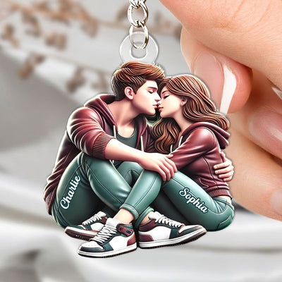 3D Effect Couple Sitting Kissing Personalized Acrylic Keychain, Heartfelt Gift For Couple, For Him, For Her, Boyfriend, Girlfriend, Husband, Wife