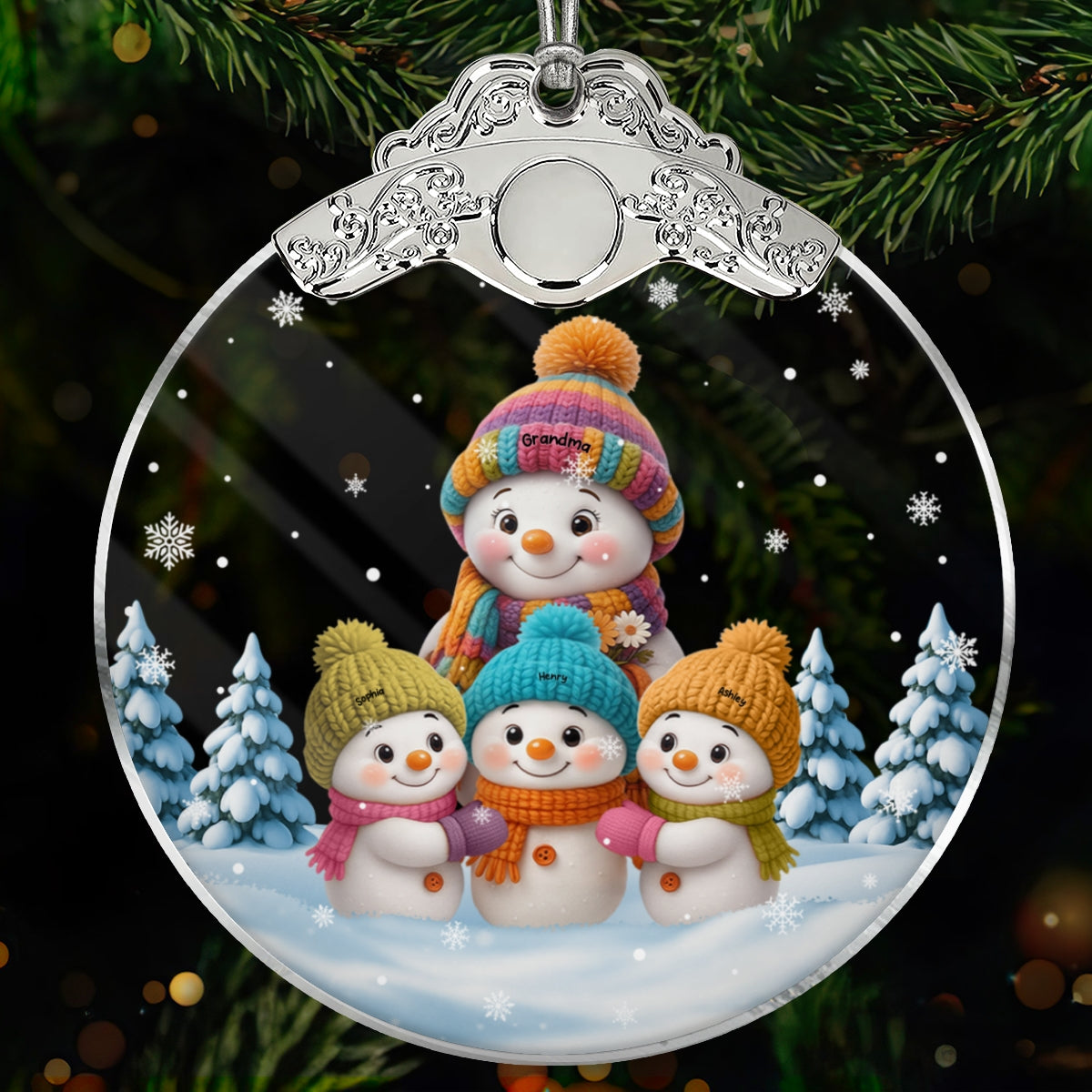 Snowman Grandma & Grandkids in Snow - Personalized Glass Ornament With Silver Cap - Heartwarming Christmas Gift for Grandma Grandpa - 3D Effect Ornament