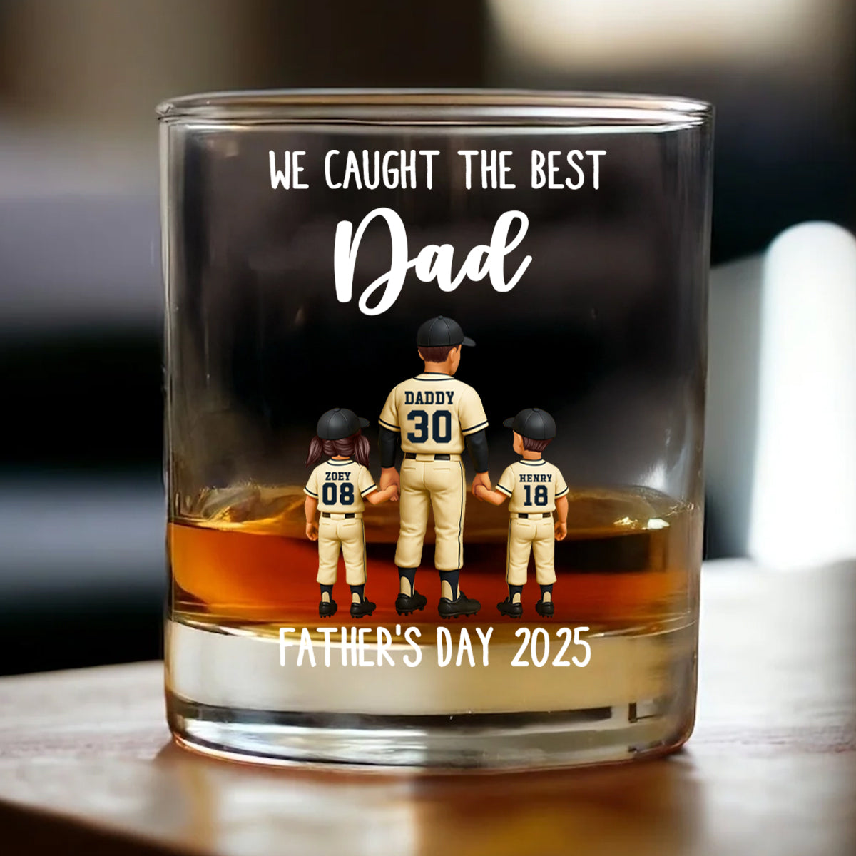 We Caught The Best Dad Baseball Personalized Whiskey Glass, Dad And Kids Holdhing Hands, Father's Day Gift for Dads