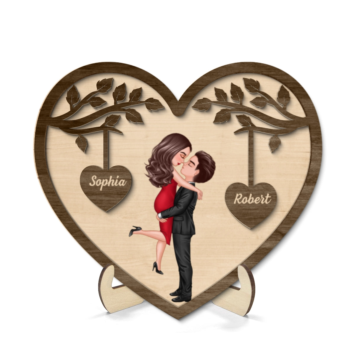 Couple Kissing Under Tree Valentine‘s Day Gift For Him Gift For Her Heart Shaped Personalized 2-Layer Wooden Plaque