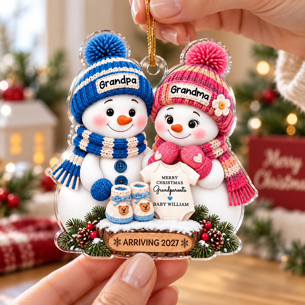 Promoted To Grandparents Cute Snowman 2D Flat - Personalized Acrylic Ornament - First Christmas Gift For New Grandparents, Pregnancy Announcement