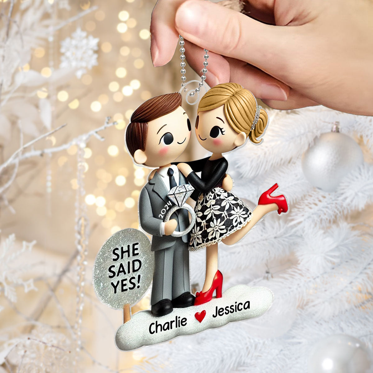 Engagement Ornament She Said Yes Personalized Couple's Engagement Christmas, 2D Flat Acrylic Ornament