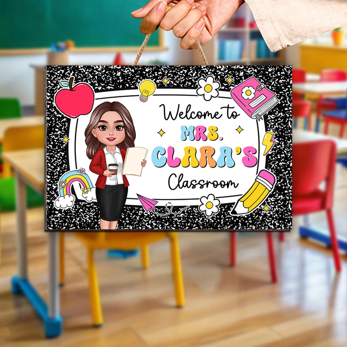 Teacher Composition Book Pattern Personalized Wood Sign, Back To School Gift