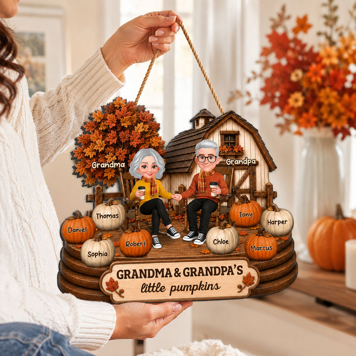 Fall Season Cozy Warm Farmhouse Style Grandma Grandpa Little Pumpkins - Personalized Wood Sign - Fall Decor For Grandparents
