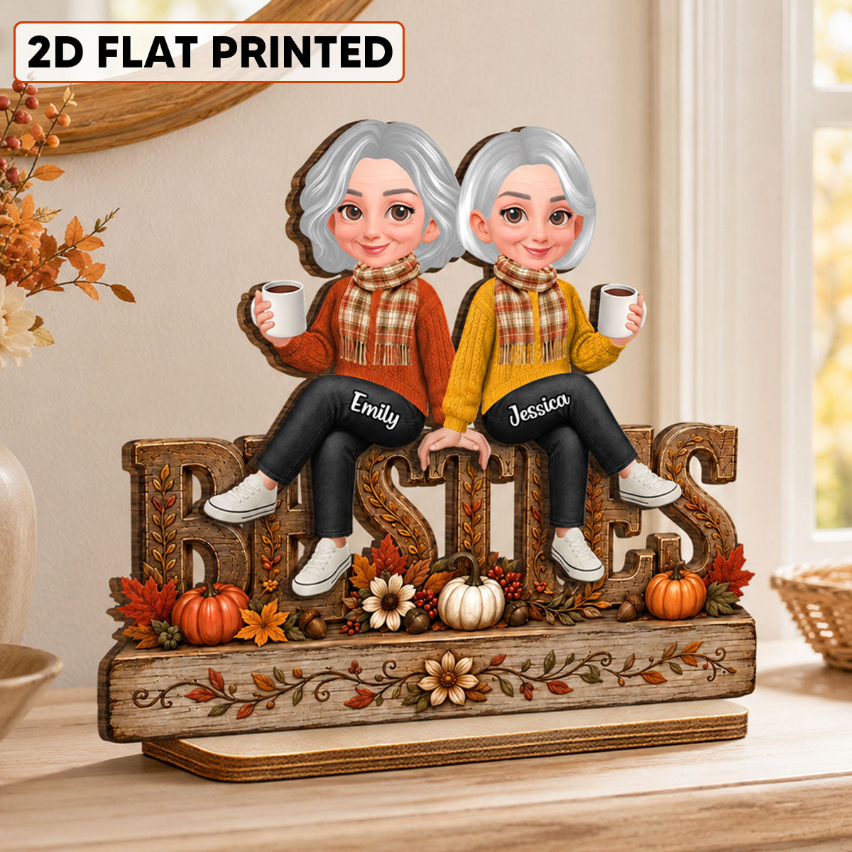 Floral Fall Season Besties Forever Friends Forever - Personalized 2-Layered Wooden Plaque - Fall Gift For Best Friends