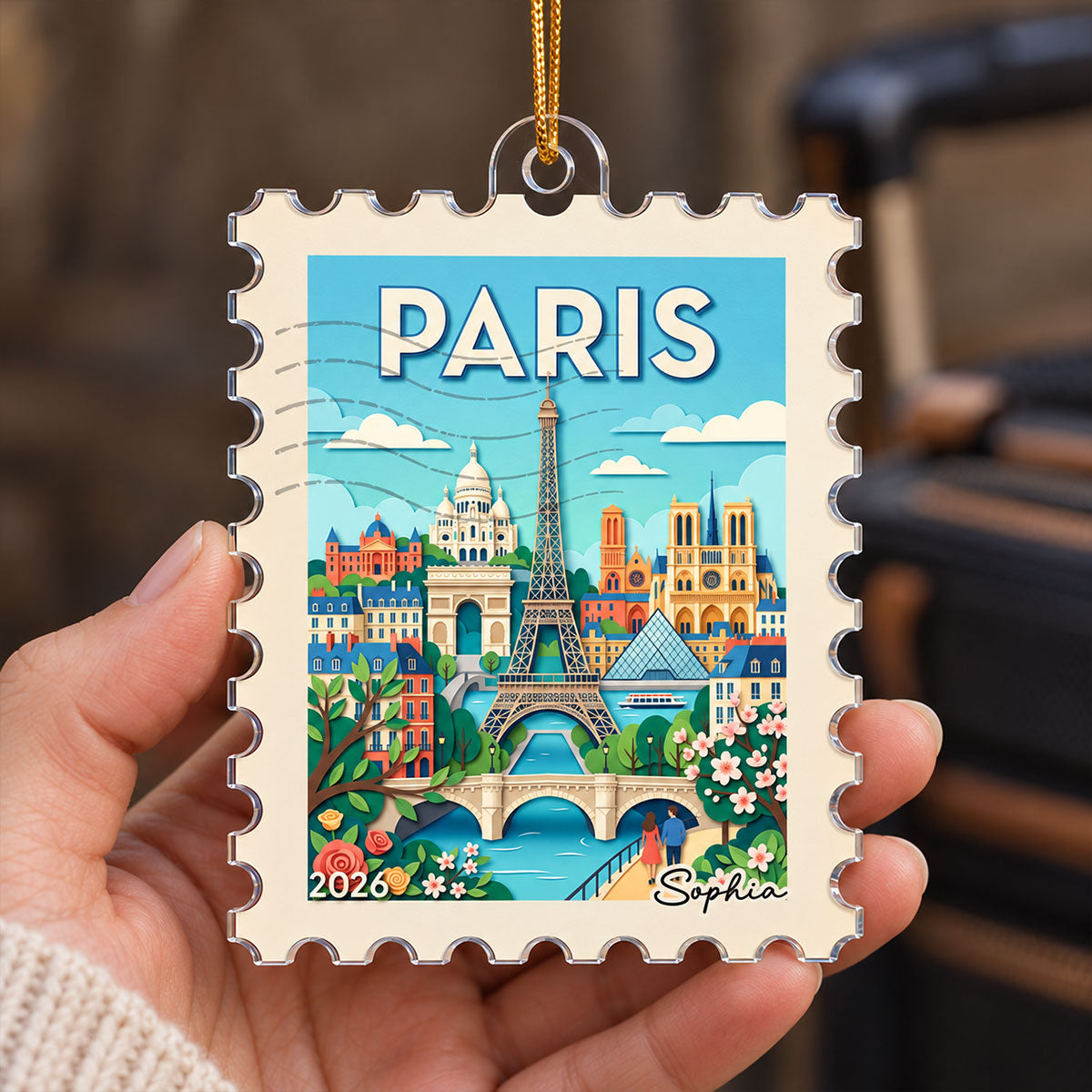 Any City Landscape Stamp - Personalized Acrylic Ornament - Travel Keepsake For Travel Lover