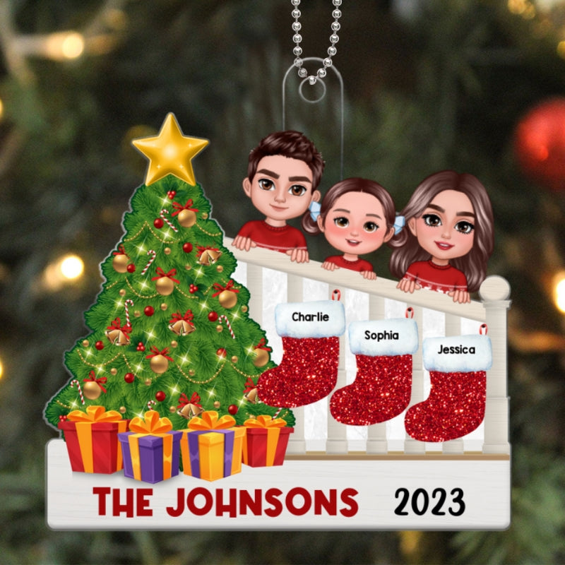 Family Peeking On Stairs Names On Stockings Personalized Acrylic Ornament