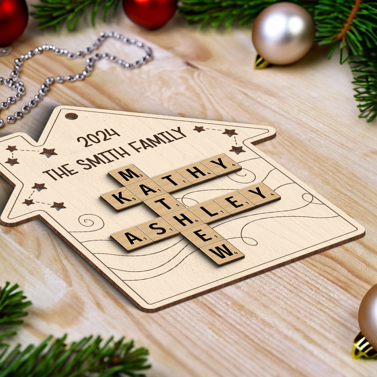 Family House Crossword Puzzle Art, Personalized 2-Layered Wooden Ornament