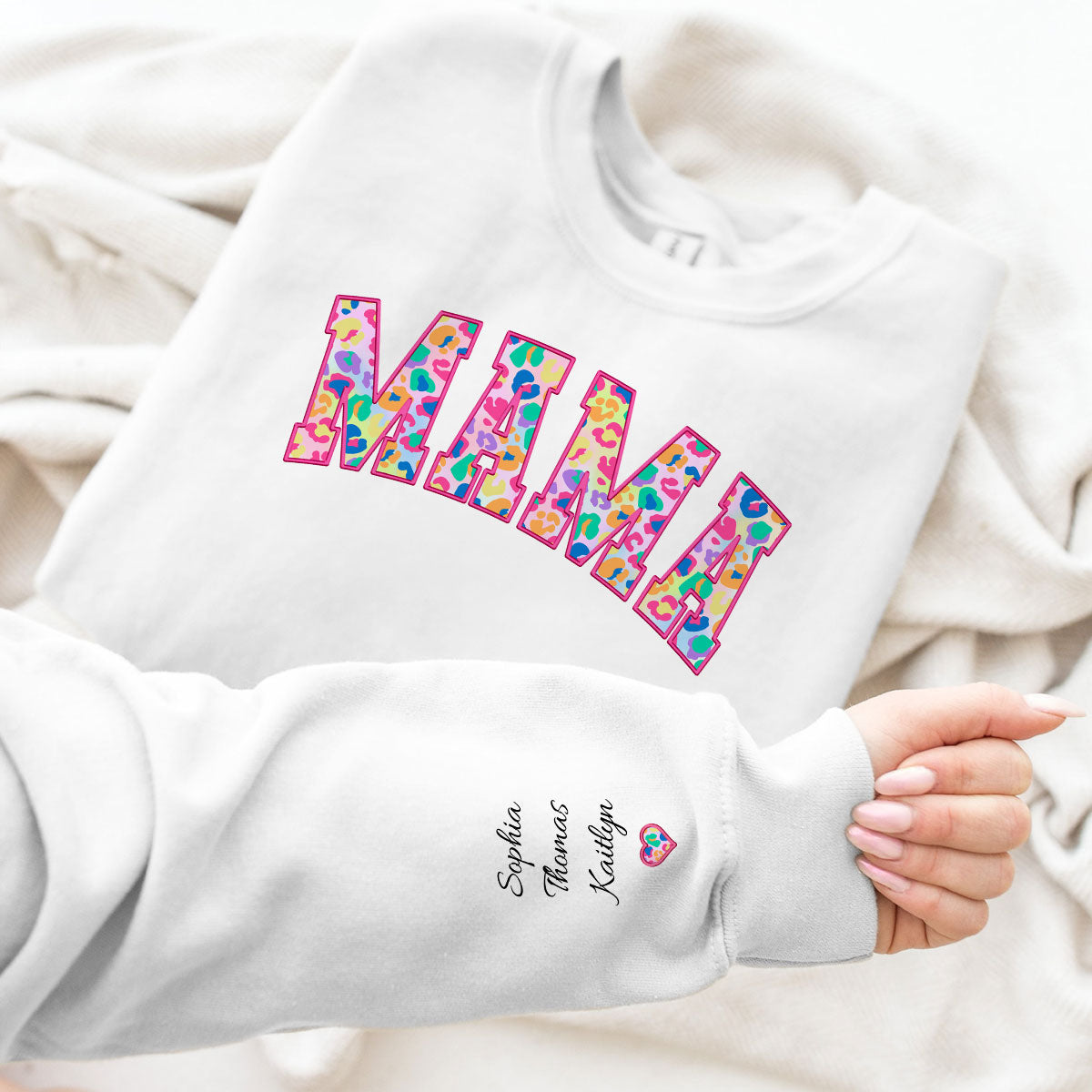 Mama Colorful Leopard Kids Names On Sleeve Personalized Sleeve Printed Sweatshirt