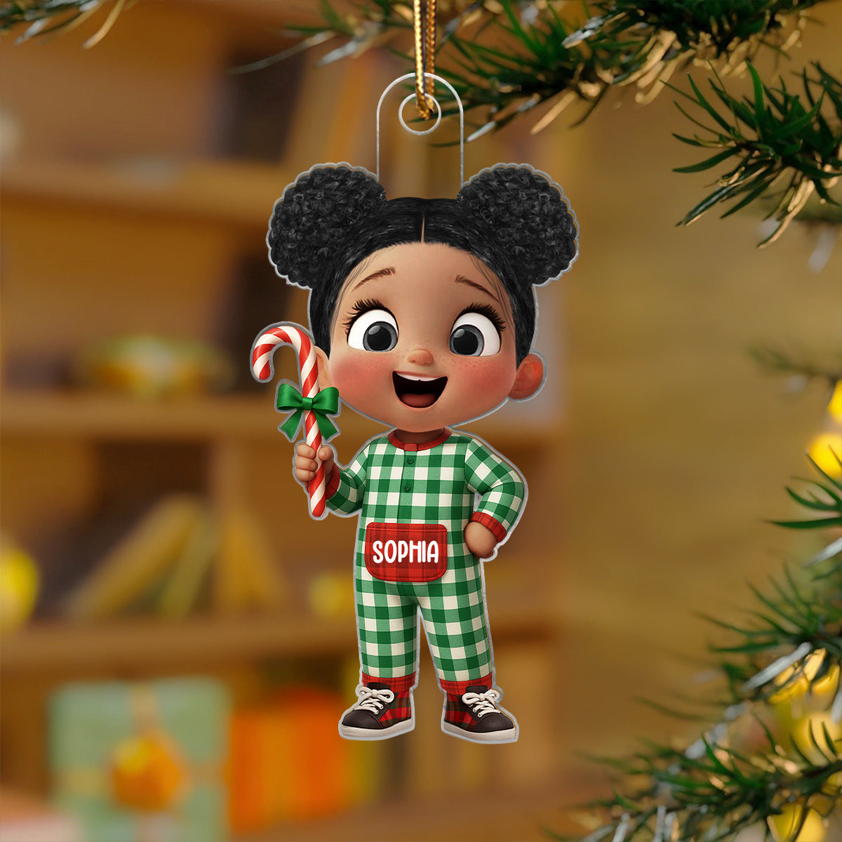 Cute Kids Pajama Personalized Christmas Ornaments, Christmas Gift for Kids, Grandkids, Plaid pajamas