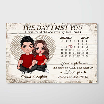 Fingerprint Embracing Doll Couple Sitting The Day I Met You Calendar Anniversary Date Gift For Him For Her Personalized Horizontal Poster