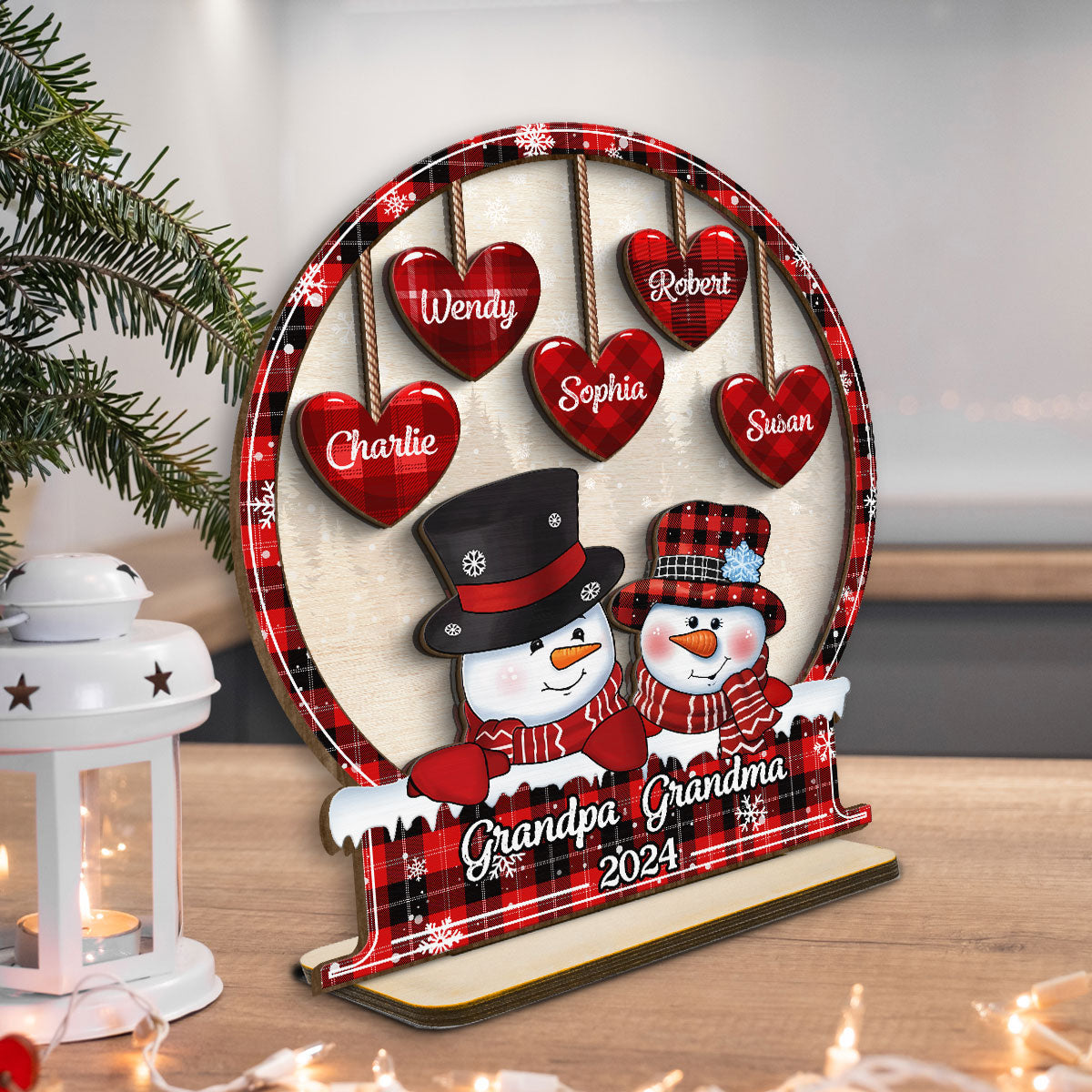Snowman Papa Nana Dad Mom Heart Kids In Snowball Personalized 2-Layer Standing Wooden Plaque, Christmas Tiered Tray Decor