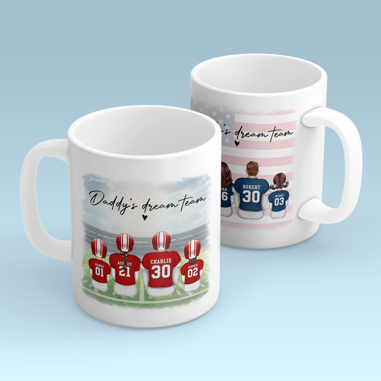 Daddy's Team Football Family Sitting Personalized Mug, Father's Day Gift For Dad, Grandpa, Husband