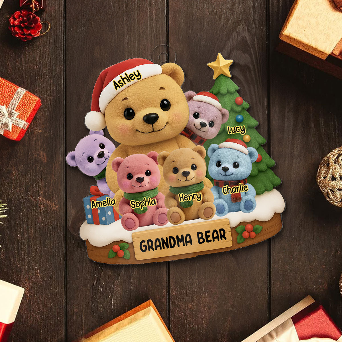 Grandma Bear Sitting with Grandkids Personalized Acrylic Ornament, Christmas Gift for Grandma