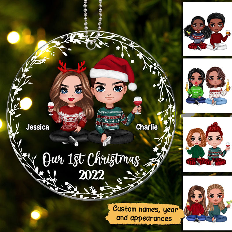 Christmas White Wreath Doll Couple Personalized Acrylic Ornament